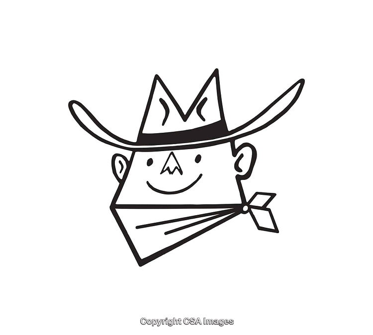 Cartoon Style Line Art Drawing of a Cowboy Hat Wearing Character
