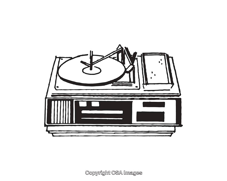 Vintage Record Player Illustration in Retro Line Art Style
