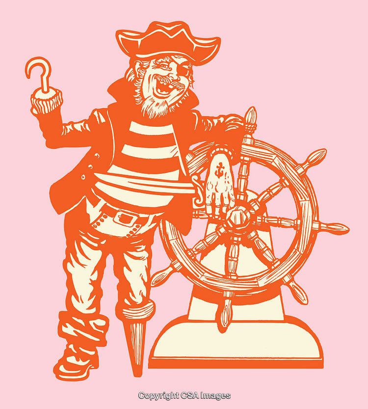 Colorful Illustration of a Pirate with Hook and Steering Wheel on Pink Background