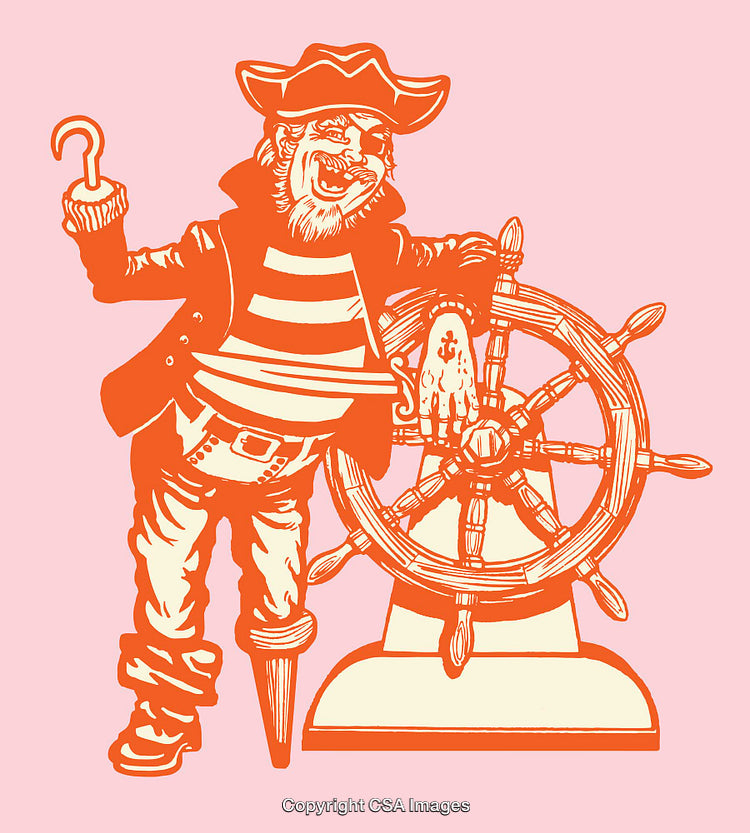 Colorful Illustration of a Pirate with Hook and Steering Wheel on Pink Background