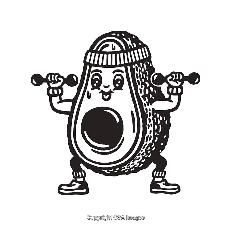 Illustrated Avocado Character Exercising With Dumbbells in Black and White