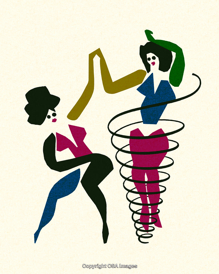 Colorful Abstract Figures Dancing with Spiraling Motion and Minimalist Design