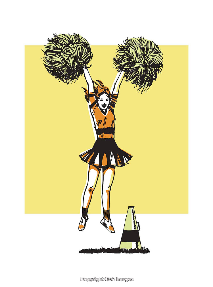Cheerful Cheerleader Illustration with Pom-Poms on Yellow Background