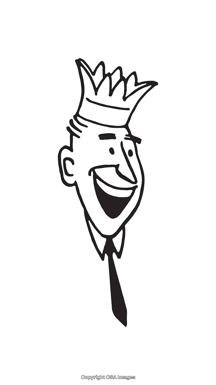Retro Black and White Line Art Illustration of a Smiling Crowned Man
