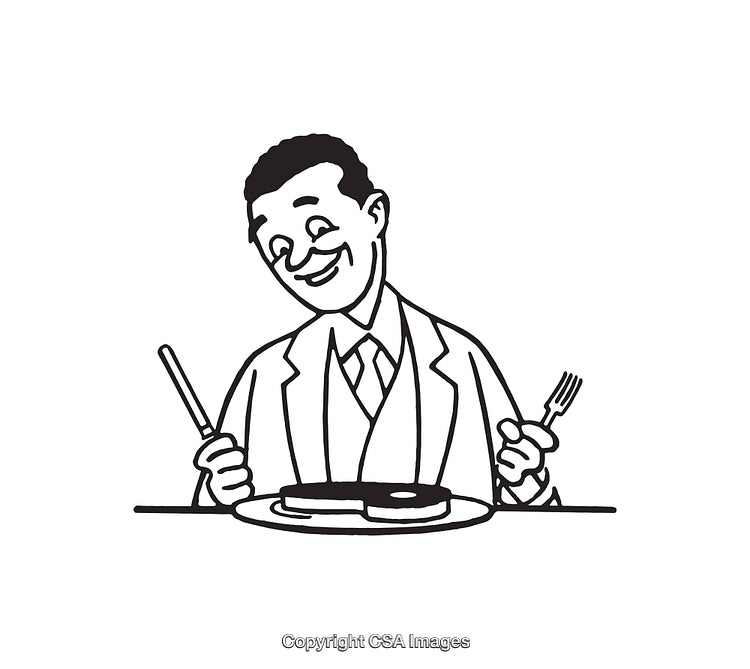 Black and White Line Art of a Happy Person Eating Meal