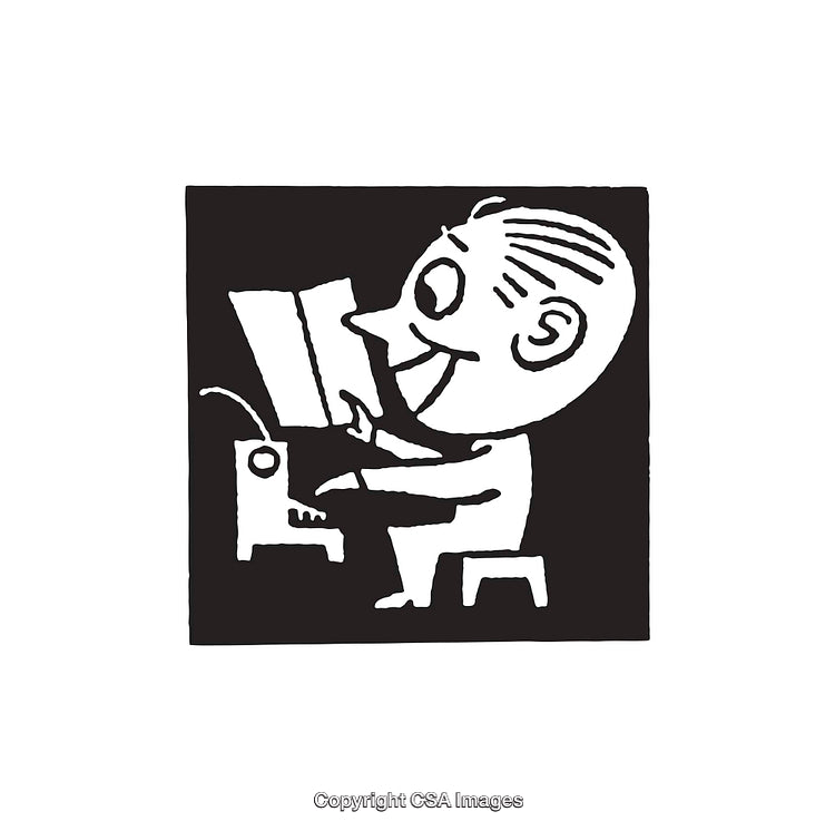 Cartoon Illustration of Happy Man Operating Computer with Joyful Expression