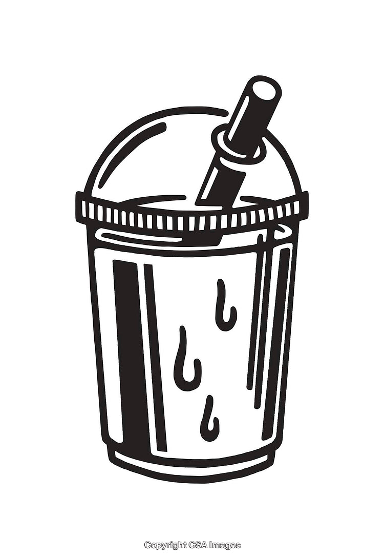 Black and White Line Art of Beverage Cup with Straw