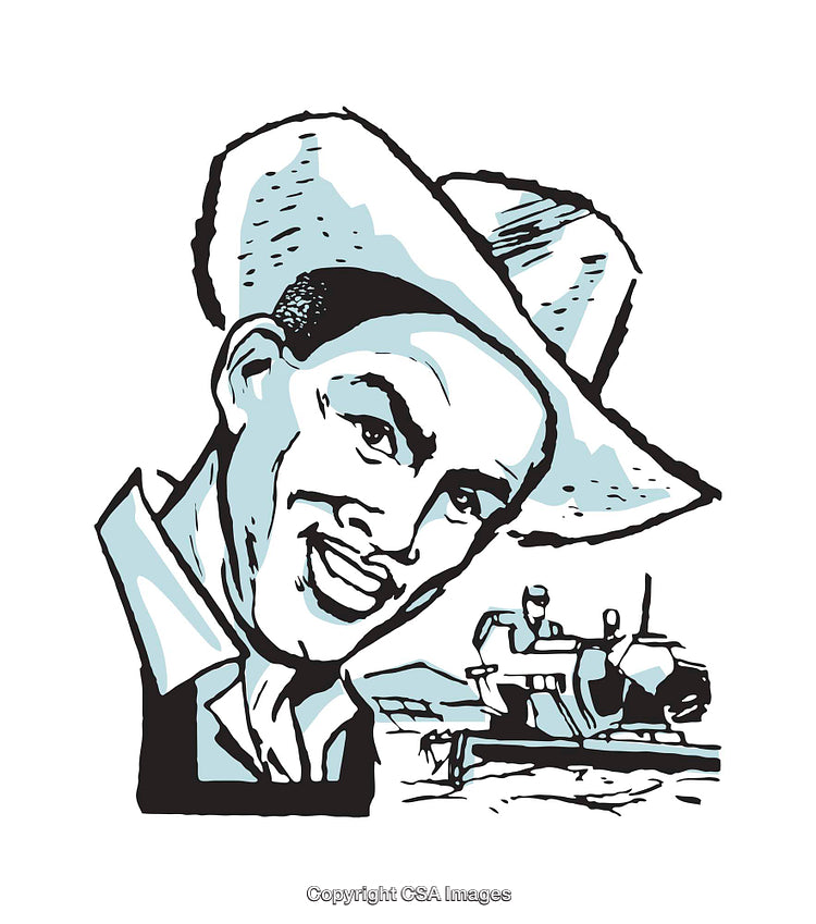 Vintage Illustration of a Smiling Cowboy with Farming Scene in Background