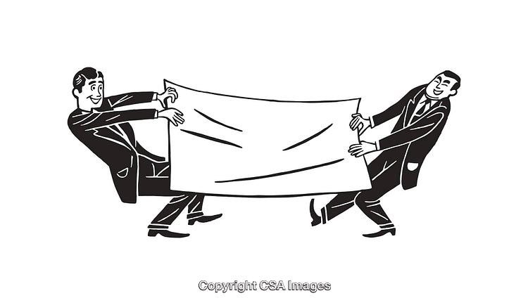 Retro Illustration of Two Men Holding a Blank Cloth in Competition