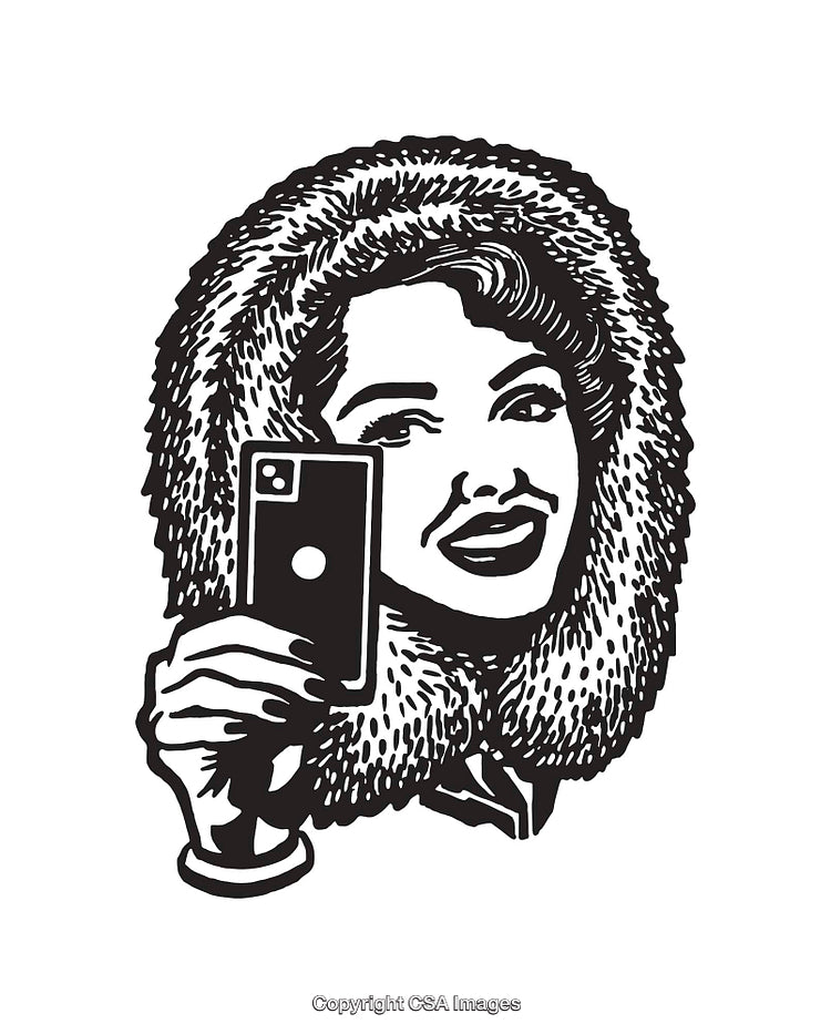 Retro Illustration of Woman With Phone in Fur Hood