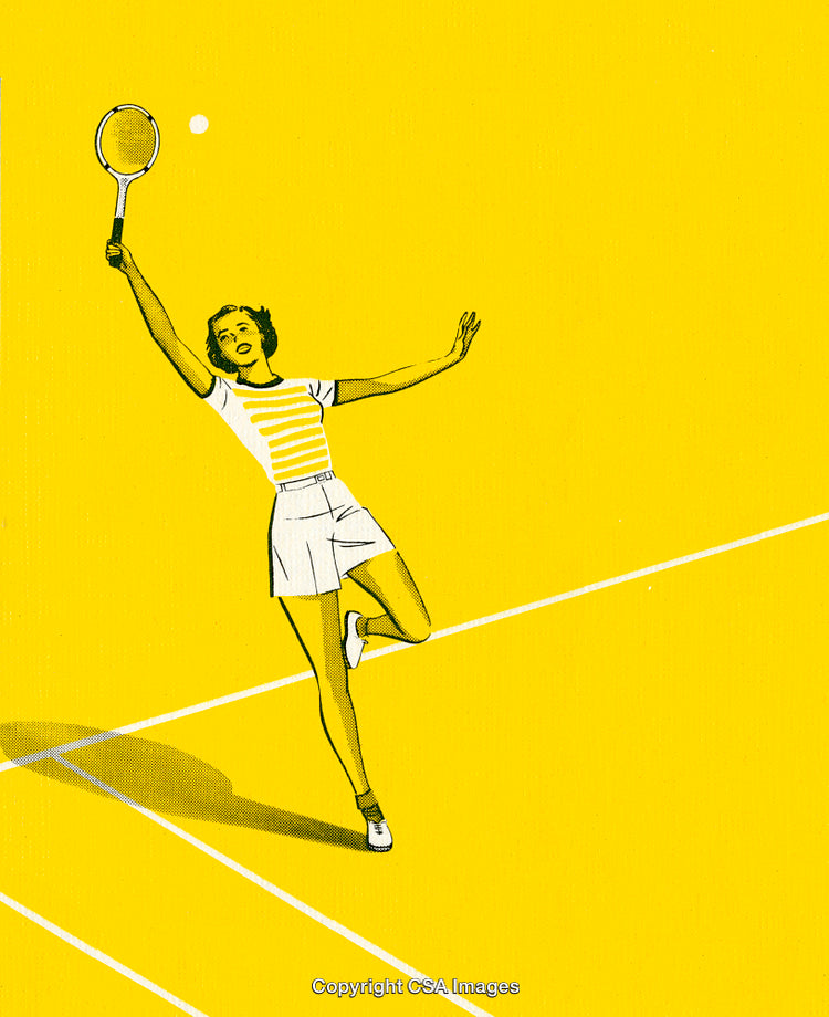 Vintage Illustration of a Woman Playing Tennis on a Yellow Background