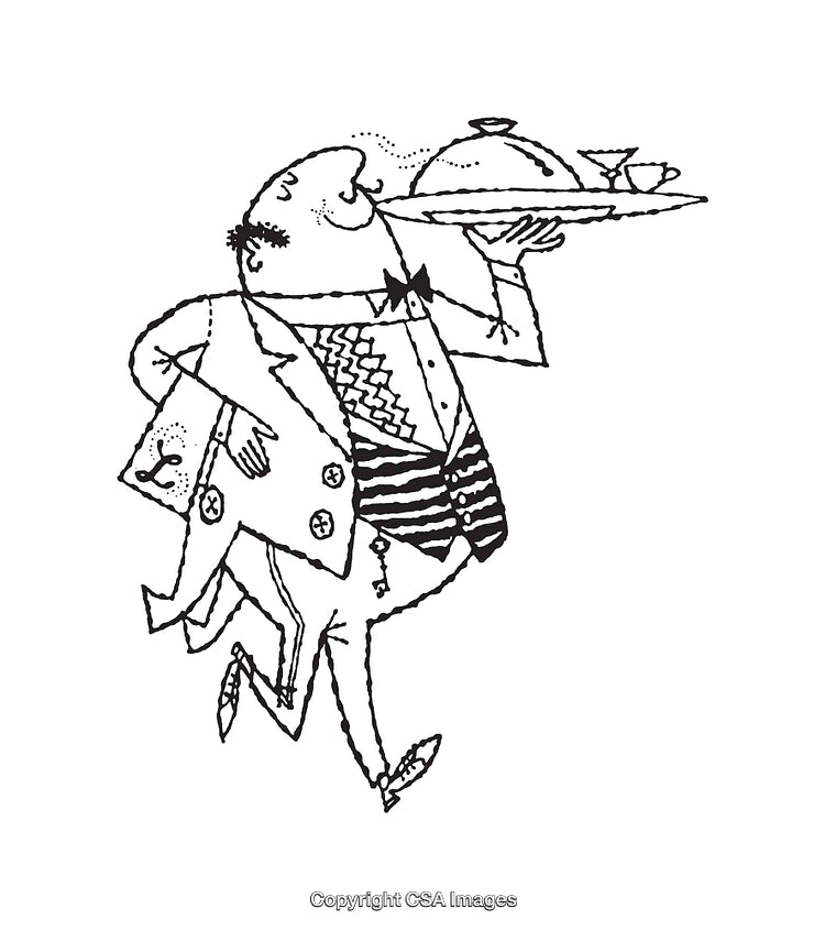 Vintage Black and White Line Art of a Waiter with Tray