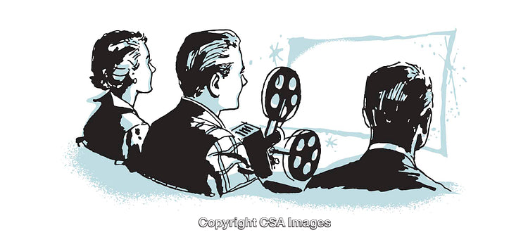 Vintage Illustration of People Operating a Movie Projector in a Cinema Setting