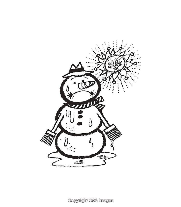 Melting Snowman Illustration Under Shining Sun in Black and White