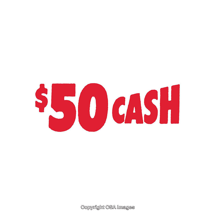 Bold Red Typography Displaying $50 Cash on White Background