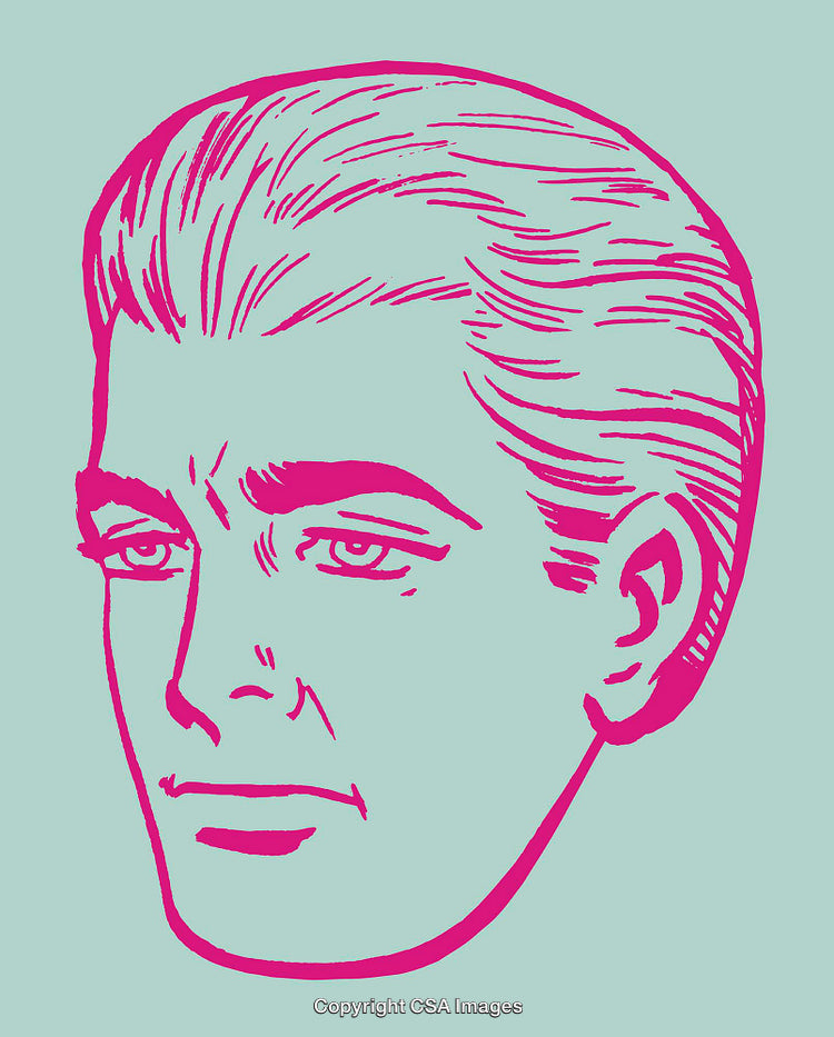 Retro Style Sketch of a Man's Head in Bright Pink on Teal Background