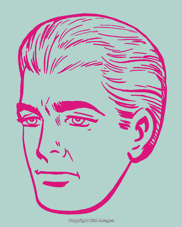 Retro Style Sketch of a Man's Head in Bright Pink on Teal Background
