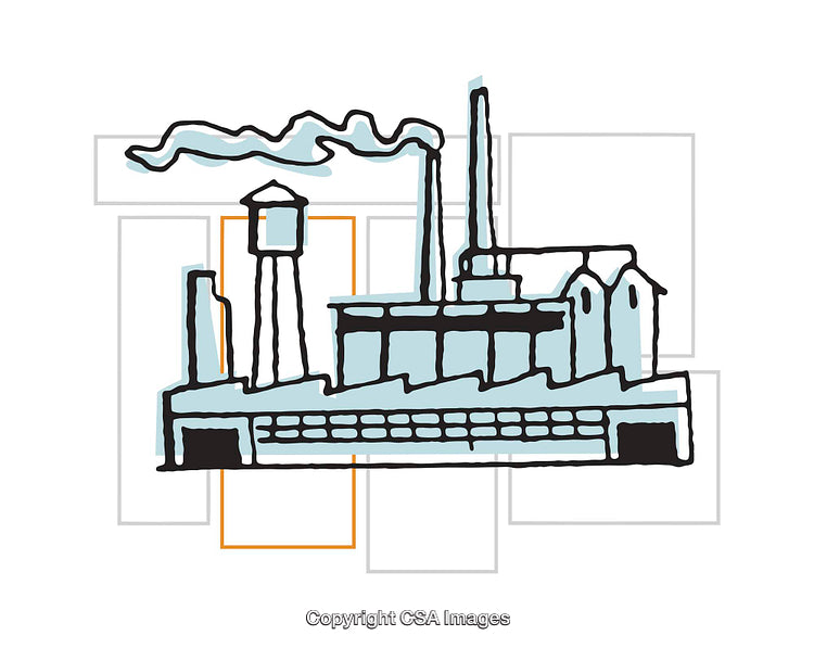 Stylized Illustration of Industrial Factory Structure with Smoke Stacks