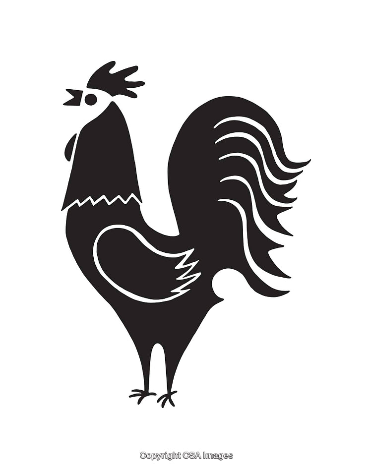 Black and White Illustration of a Crowing Rooster with Bold Lines