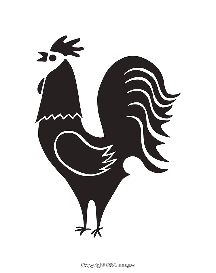 Black and White Illustration of a Crowing Rooster with Bold Lines