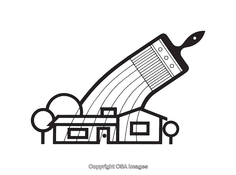 Black And White Line Art Logo Depicting A House With Paintbrush Design