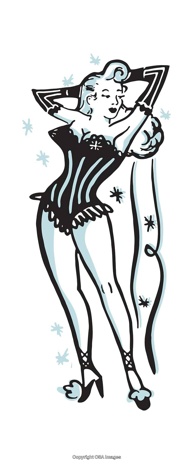 Stylized Vintage Illustration of a Glamorous Woman in Black and Blue Outfit