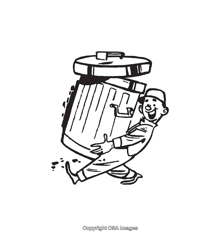 Black And White Line Art of a Happy Worker Carrying a Trash Bin