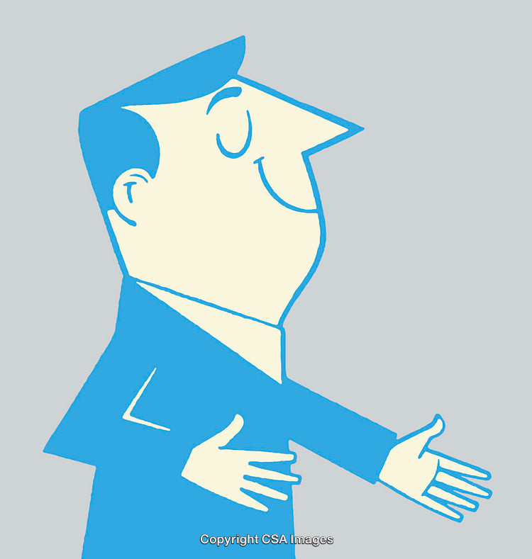 Smiling Cartoon Figure Gesturing in Blue and Cream Artwork