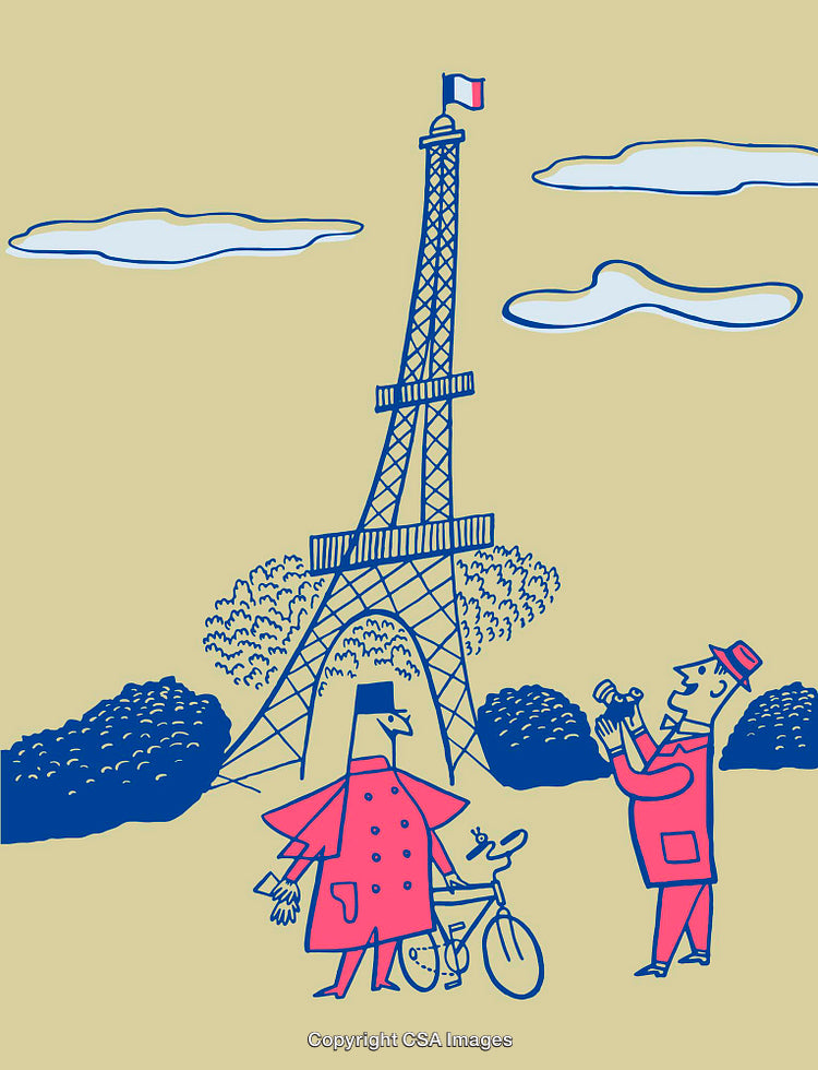 Colorful Parisian Art Illustration Featuring Eiffel Tower and French Characters