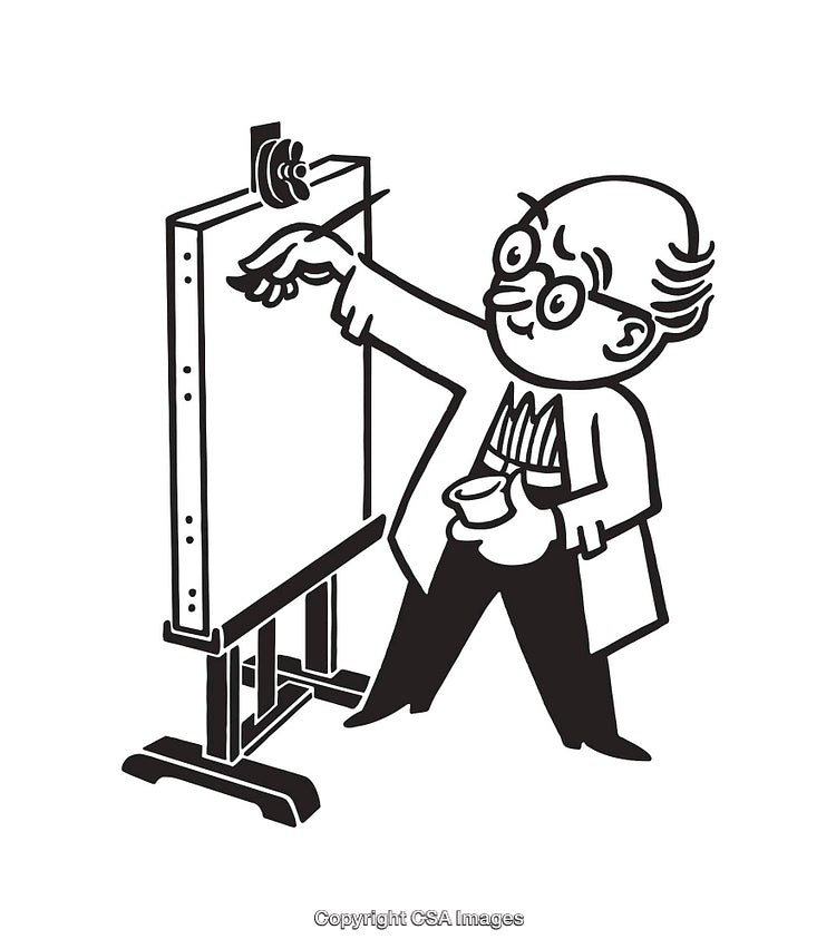 Illustration of Male Artist Painting Canvas in Black and White Line Art