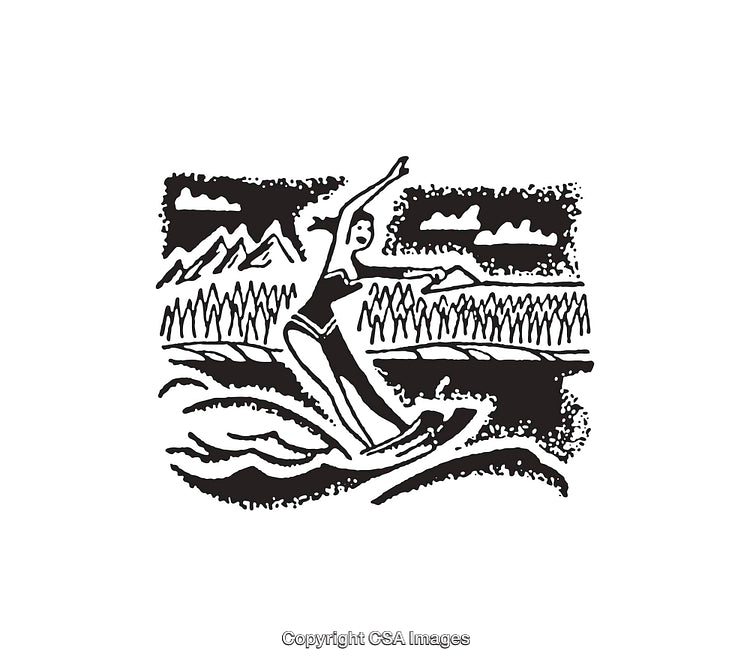 Person Water Skiing Amid Scenic Mountains in Detailed Black and White Art