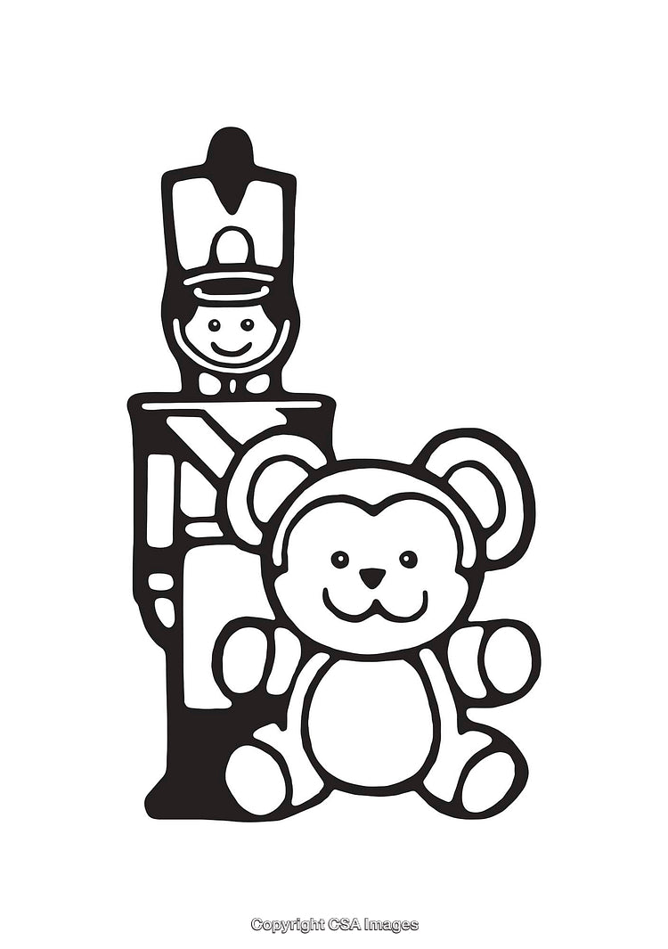 Black and White Line Art Illustration of Toy Soldier and Teddy Bear
