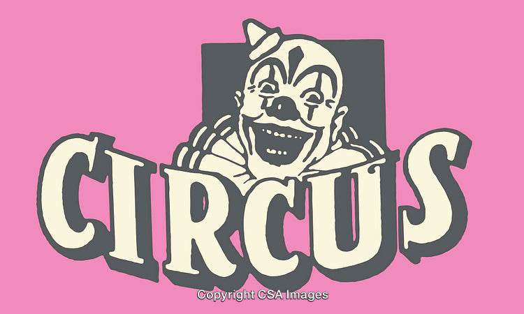 Whimsical Circus Clown Illustration in Bold Line Art Style on Pink Background