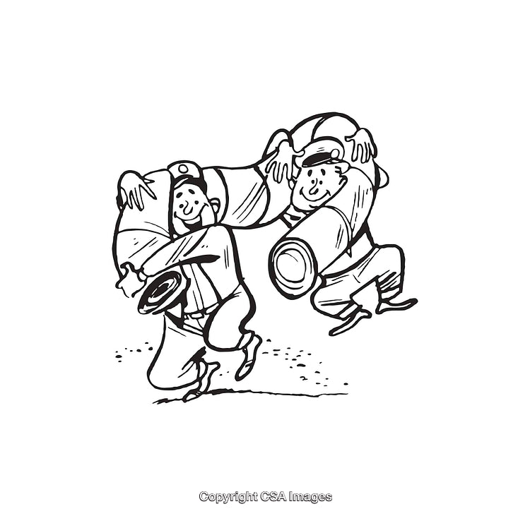 Playful Cartoon Characters Carrying Oversized Tools in Black and White Line Art