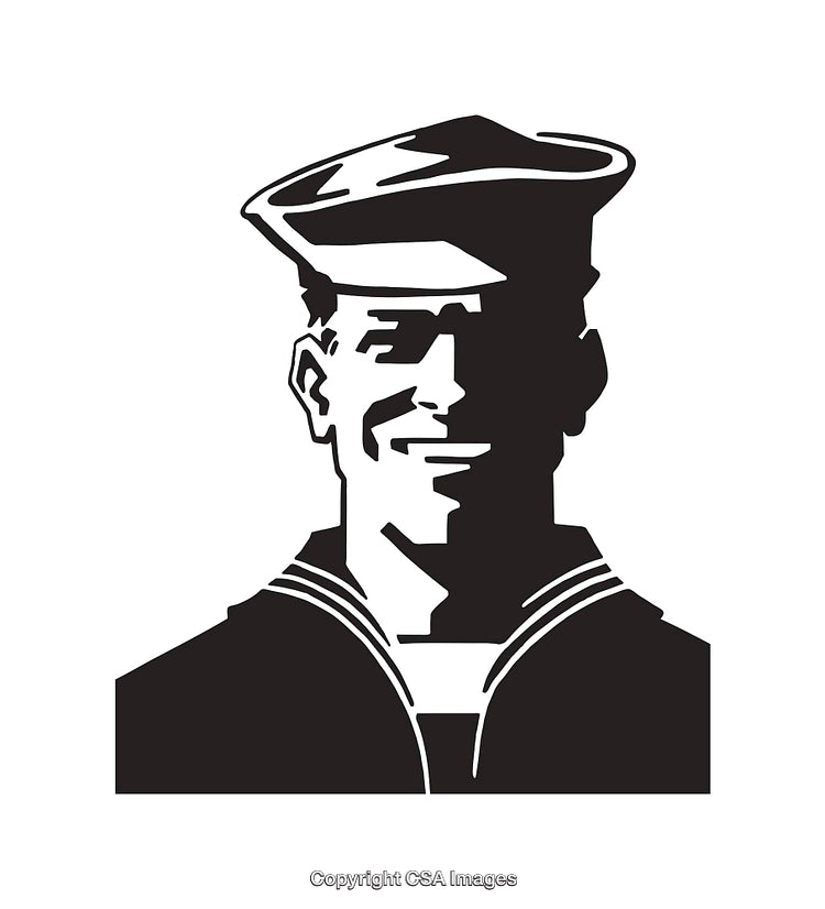 Black and White Line Art Illustration of a Smiling Sailor in Uniform