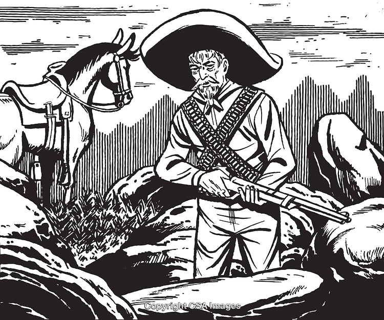 Traditional Mexican Bandit with Rifle Standing in Rugged Countryside