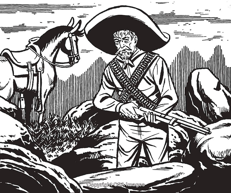Traditional Mexican Bandit with Rifle Standing in Rugged Countryside