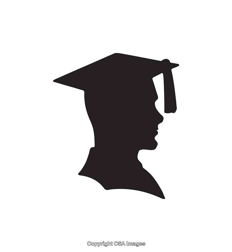Silhouette Profile of Graduate with Cap in Black and White Icon