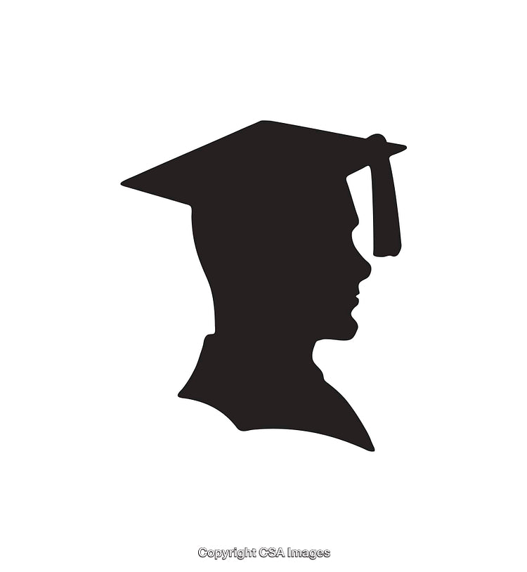 Silhouette Profile of Graduate with Cap in Black and White Icon