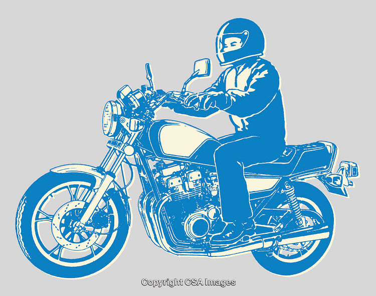 Motorcyclist Riding Classic Bike Line Art Illustration on Grey Background