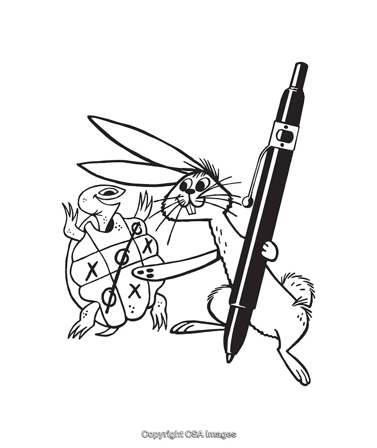 Whimsical Black and White Illustration With Rabbit and Tic-Tac-Toe Turtle