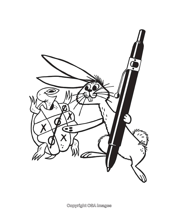 Whimsical Black and White Illustration With Rabbit and Tic-Tac-Toe Turtle