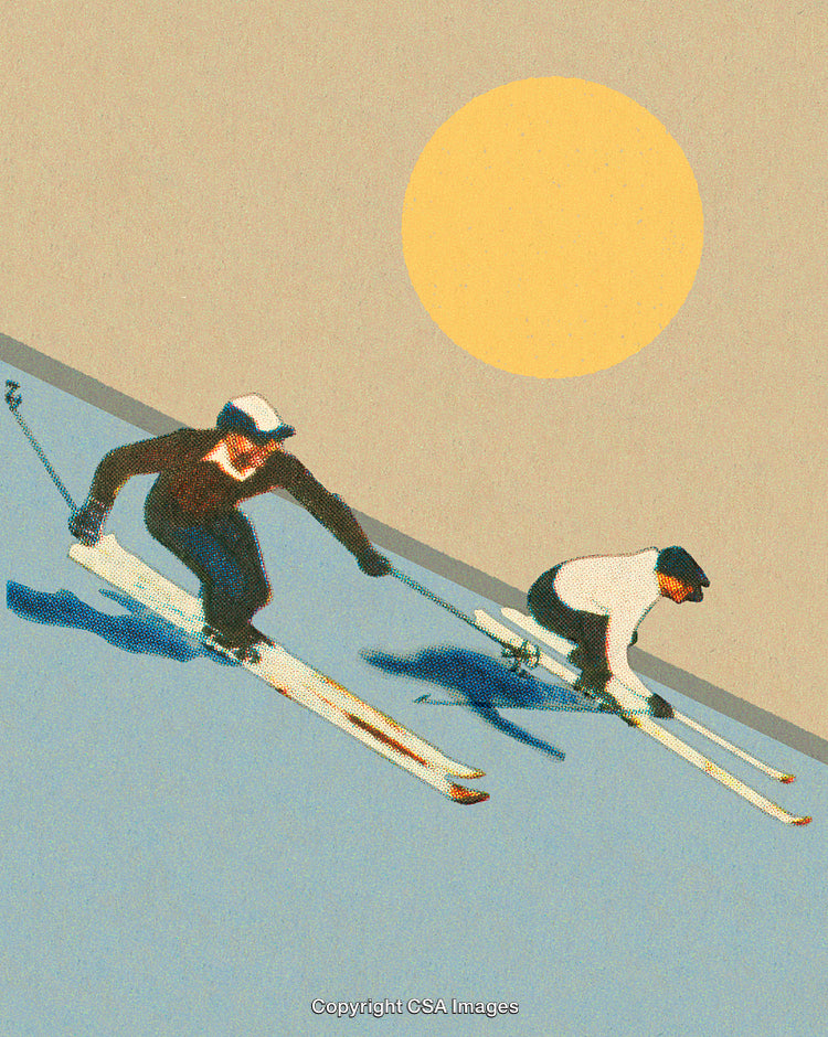 Retro Illustration of Skiers Racing Downhill Under the Sun