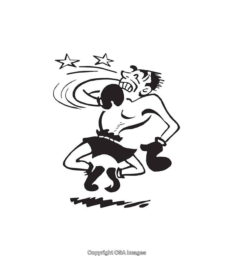 Black And White Illustration of Boxing Knockout with Vintage Style Cartoon Character