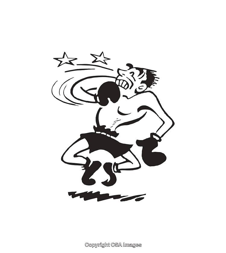 Black And White Illustration of Boxing Knockout with Vintage Style Cartoon Character