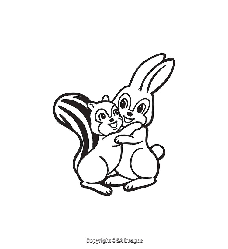 Cute Line Art of Rabbit and Squirrel Hugging in Friendship