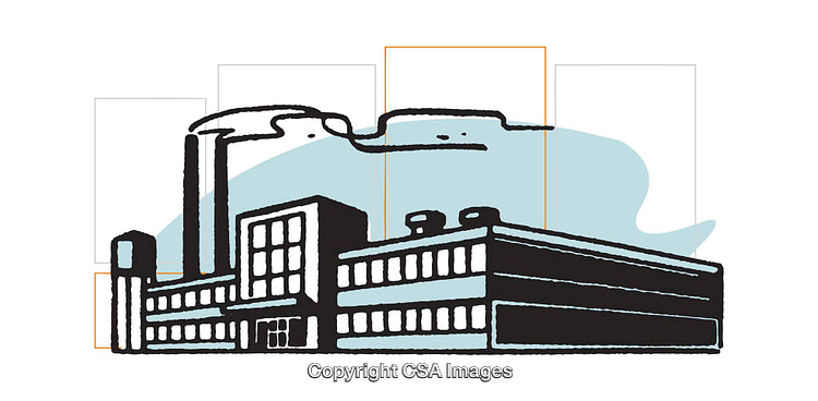 Illustrated Industrial Factory With Smokestacks and Modern Architectural Design