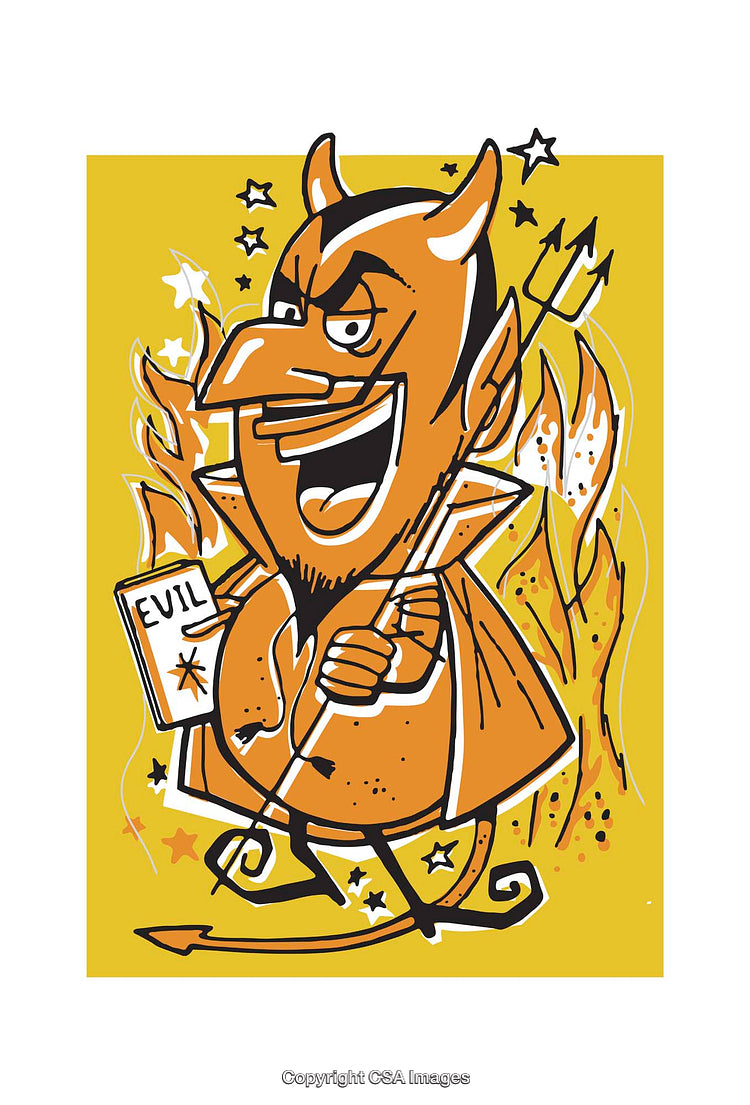 Colorful Illustration of a Mischievous Cartoon Devil Holding a Book