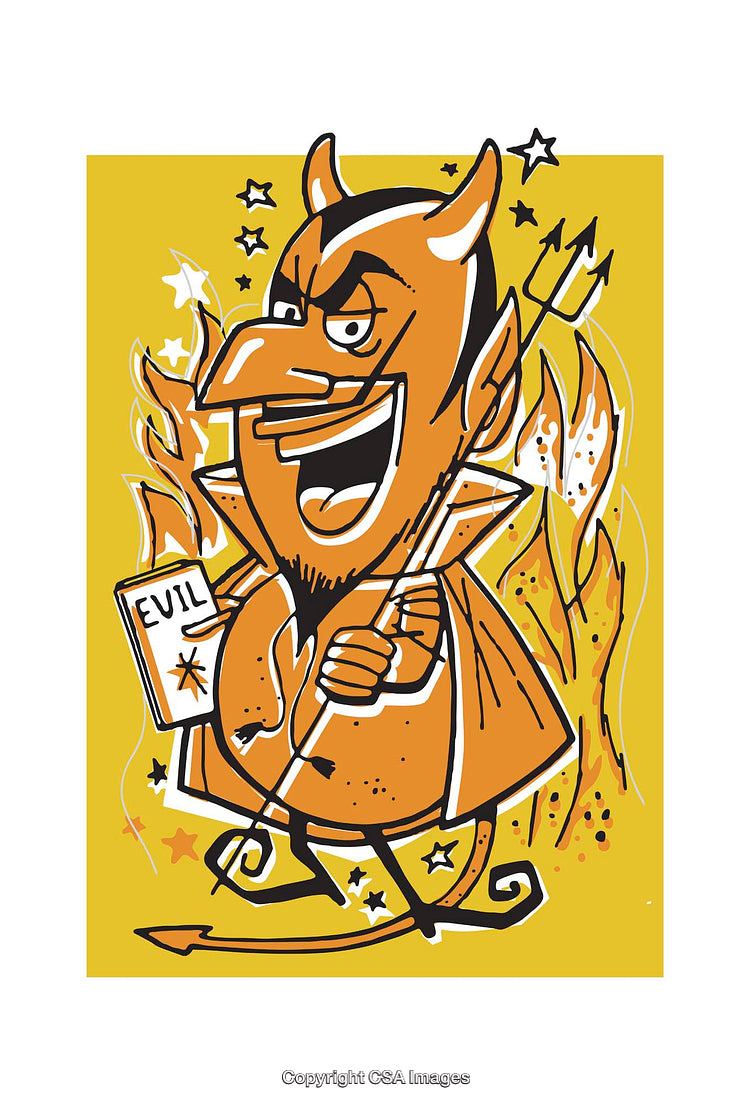 Colorful Illustration of a Mischievous Cartoon Devil Holding a Book