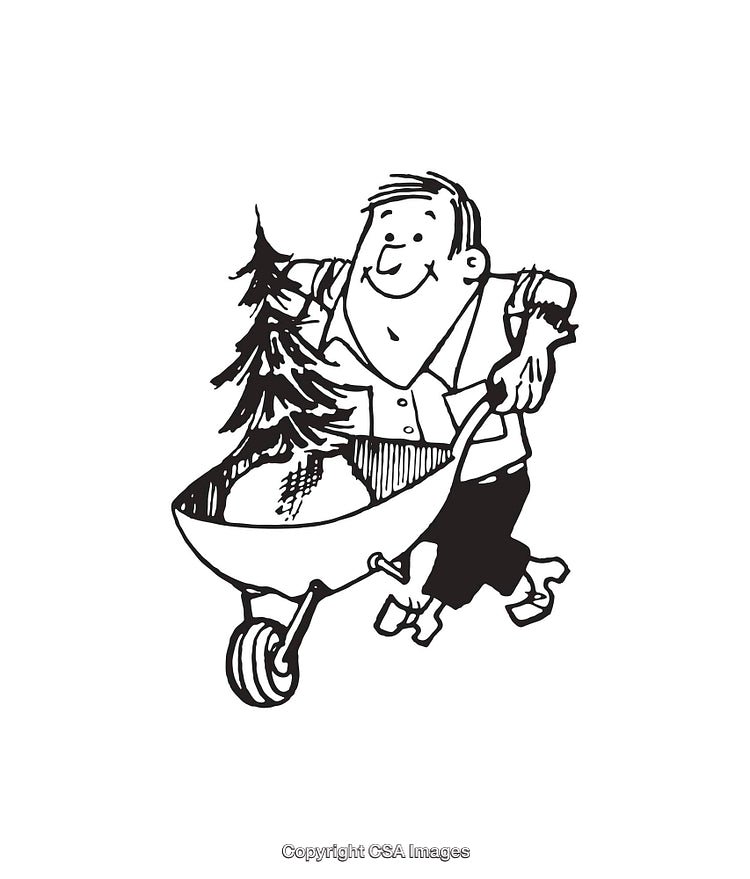 Smiling Cartoon Man Pushing a Wheelbarrow with Tree Drawing